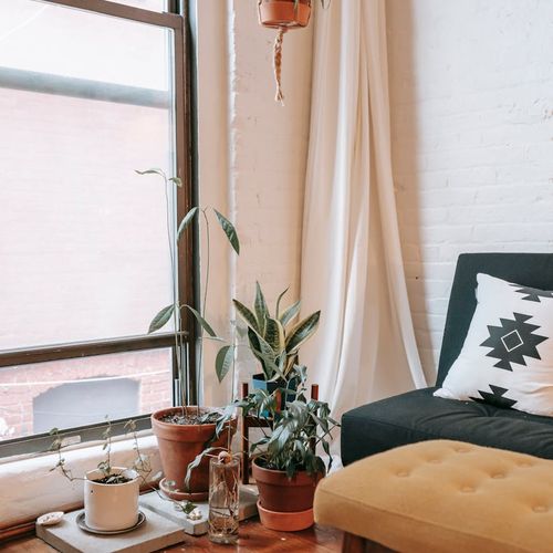 Cozy room corner with soft lighting, a plant, and a yoga mat.